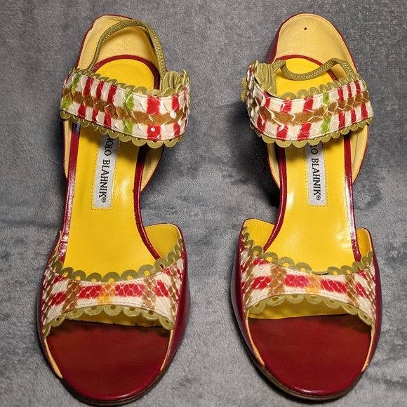 Manolo Blahnik Red and Yellow Strapped Heels - Picture 3 of 10